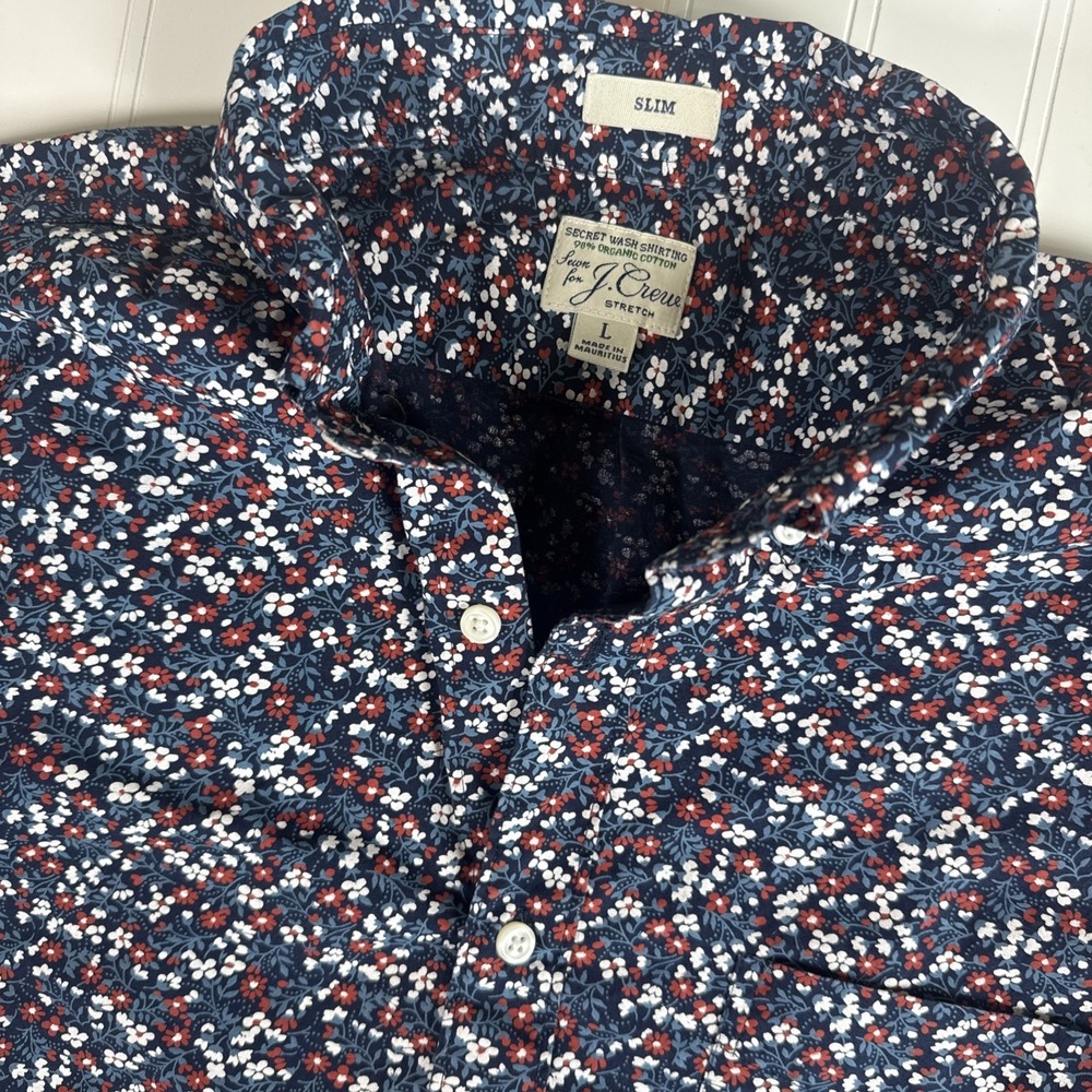 J Crew Secret Wash Organic Cotton Floral Print Shirt Men L Slim Fit Long Sleeve‎